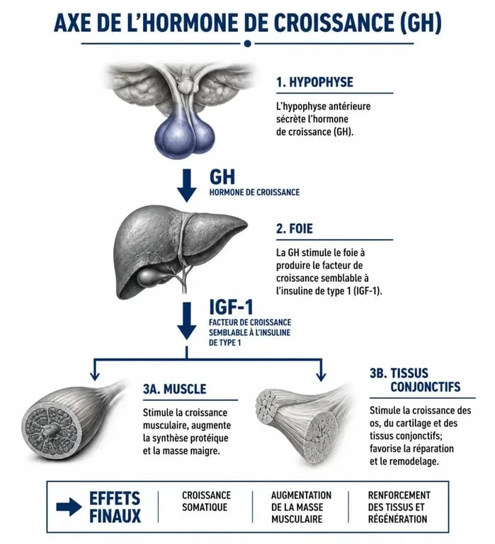 Schéma explicatif du mécanisme d'action de l'hormone de croissance pour la musculation