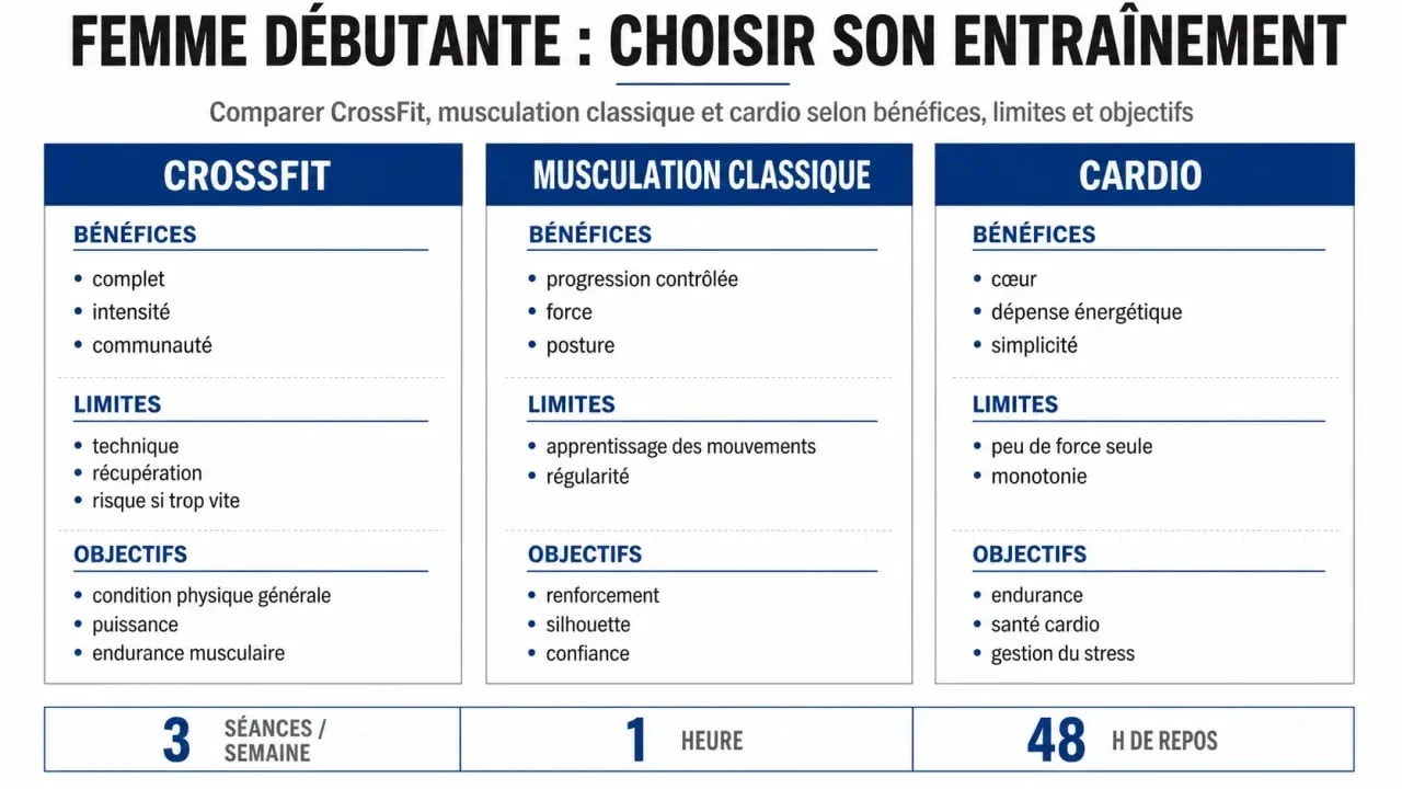 CrossFit pour femme : comparatif visuel entre CrossFit, musculation et cardio pour débuter