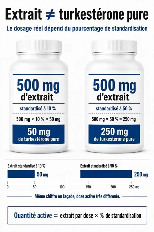 Turkesterone avis : infographie éditoriale montrant la différence entre extrait brut, standardisation et turkestérone pure par dose