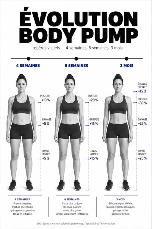 Bodypump avant apres : évolution corporelle sur 4 semaines, 8 semaines et 3 mois