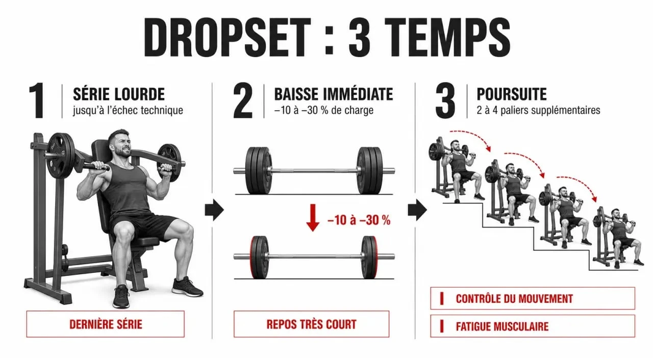 Dropset musculation : schéma séquentiel d’une série dégressive avec baisse de charge et paliers de répétitions