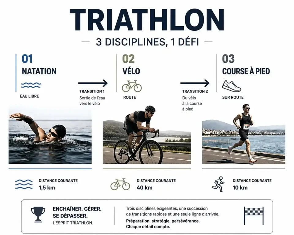 Infographie des trois disciplines pour un programme entrainement triathlon