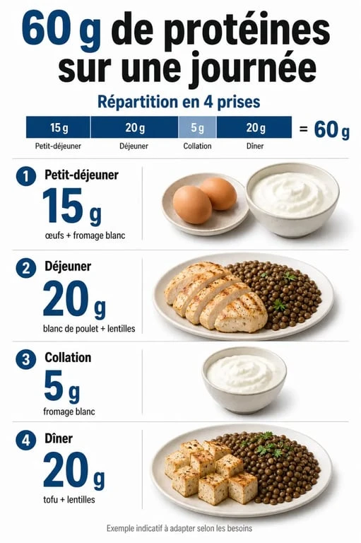Comment manger 60 g de protéine par jour avec une répartition visuelle sur 3 repas et une collation