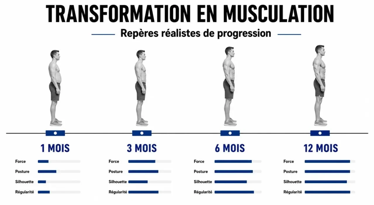 Musculation avant apres : résultats réalistes à 1, 3, 6 et 12 mois