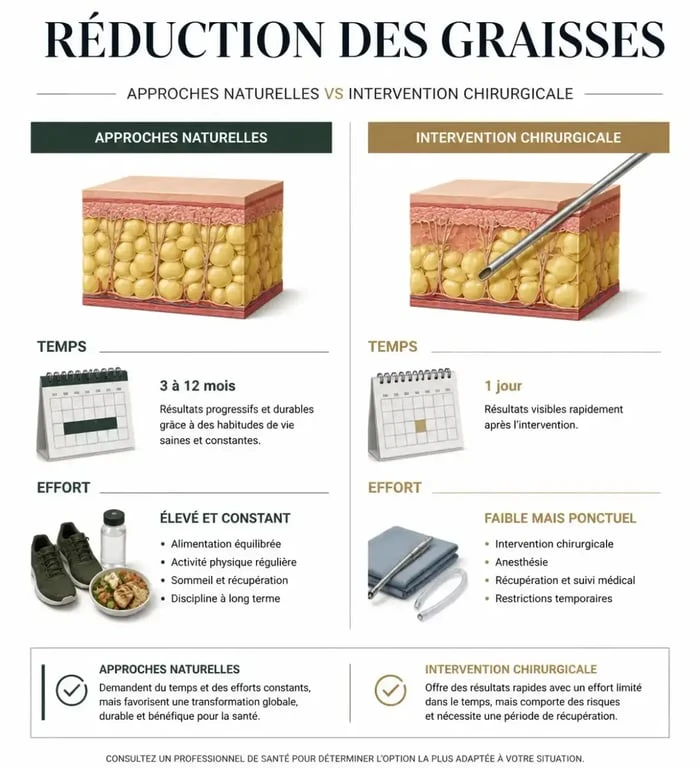 Infographie comparative entre approche naturelle et chirurgie pour la graisse pubis femme