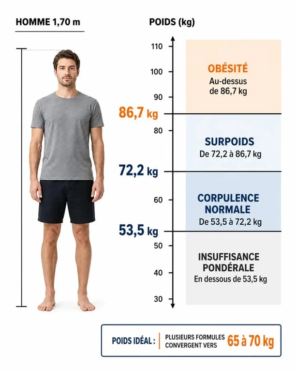 Quel poids pour 1m70 homme : repères IMC et fourchettes de poids sur un visuel éditorial