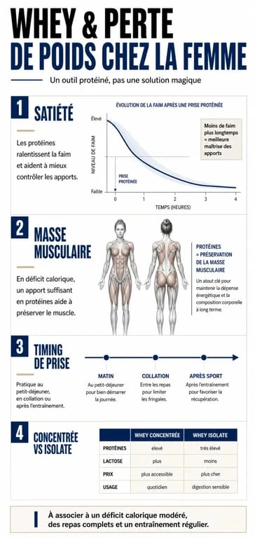 Protéine whey pour maigrir femme avis : infographie sur la satiété, la masse musculaire et le choix de la whey