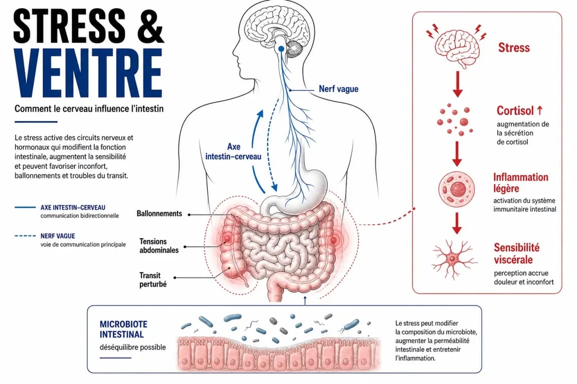 Stress et ventre gonflé : schéma de l’axe intestin-cerveau, du cortisol et des ballonnements