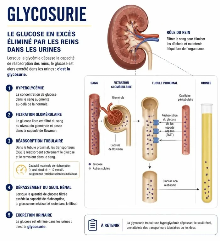 Schéma explicatif de la glycosurie dans le diabète et perte de poids