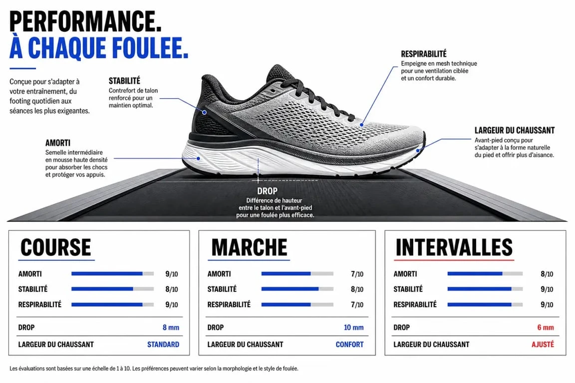 Chaussure tapis de course : visuel comparatif des critères clés pour choisir entre course, marche et intervalles
