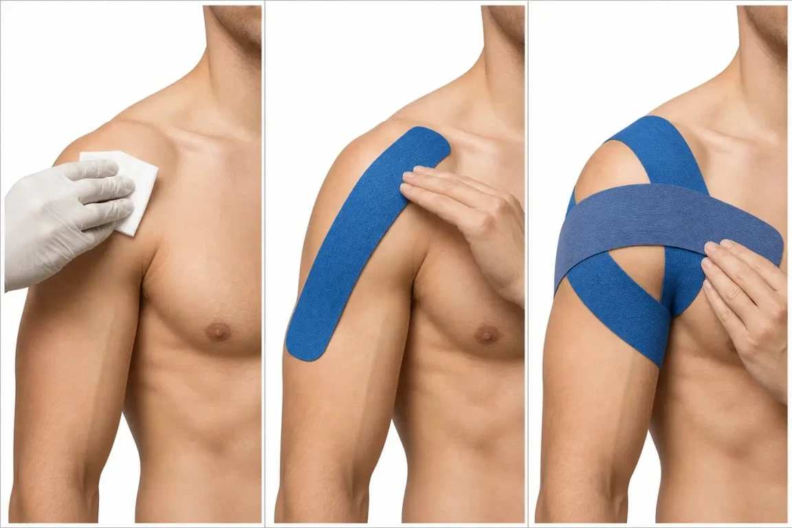 Strapping épaule tendinite expliqué en trois étapes sur illustration médicale
