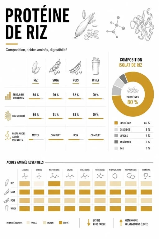 Riz protéine : comparaison nutritionnelle avec soja, pois et whey