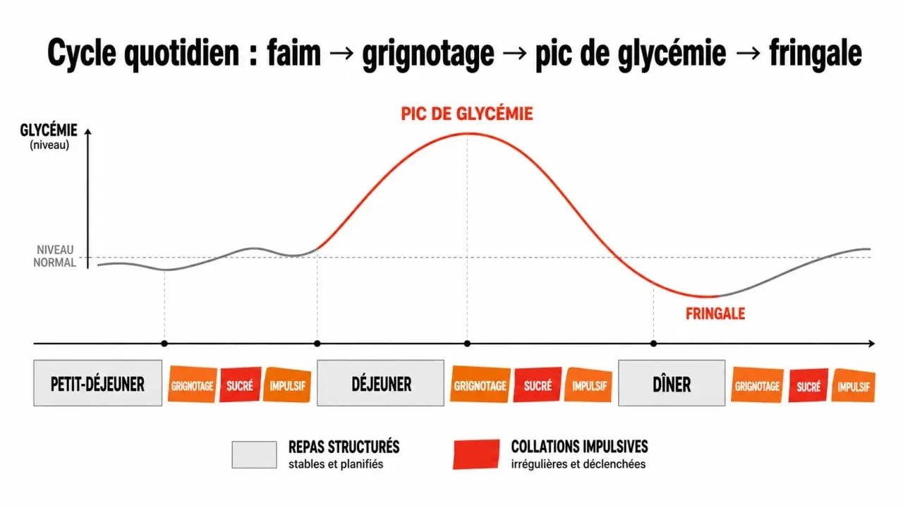 Schéma sur comment perdre 5 kg en arrêtant le grignotage, montrant le cycle faim et fringales sur une journée