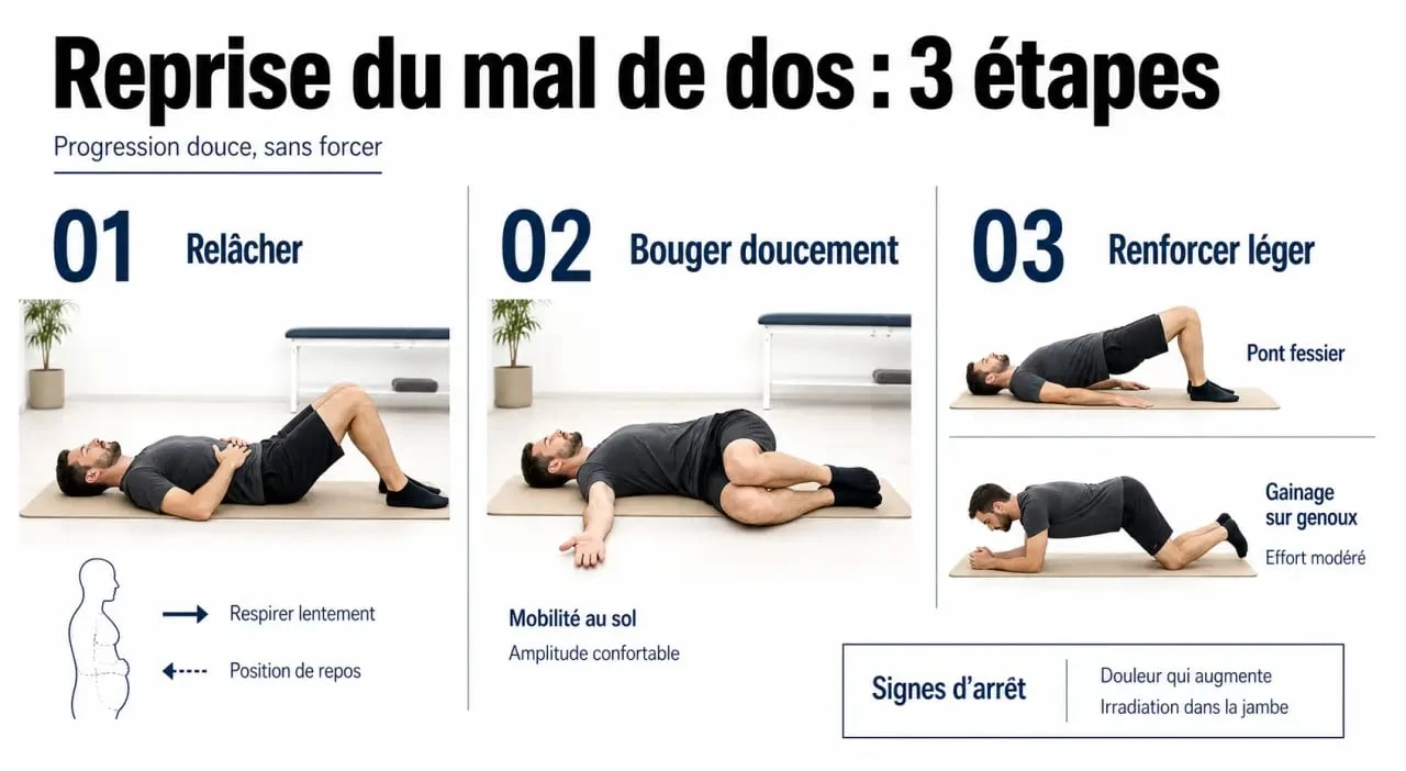 50 exercices contre le mal de dos pdf : guide visuel des phases de relâchement, mobilité et renforcement