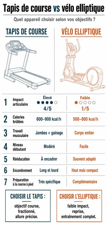 Infographie comparative tapis de course ou vélo elliptique pour choisir selon les objectifs et les articulations
