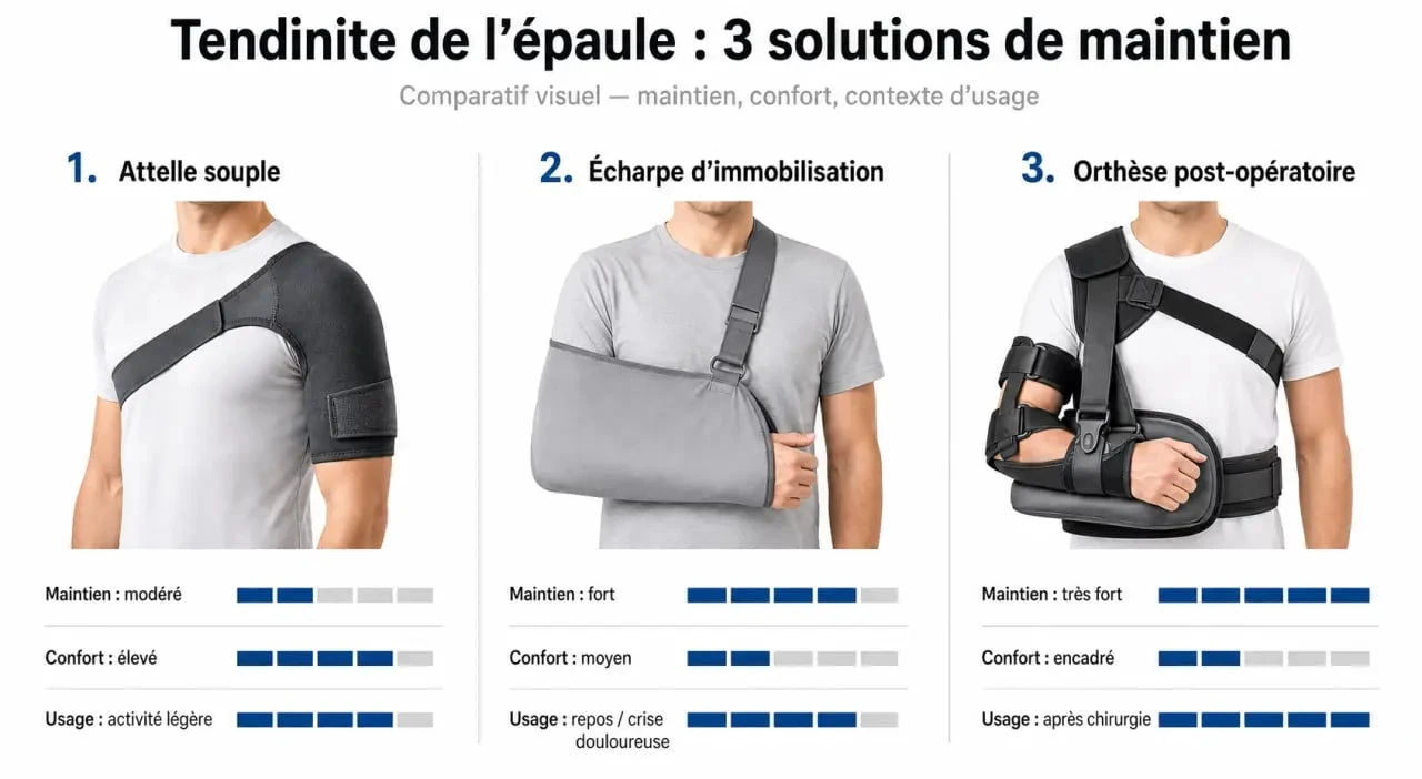 Comparatif attelle épaule tendinite entre attelle de maintien, écharpe d’immobilisation et orthèse post-opératoire