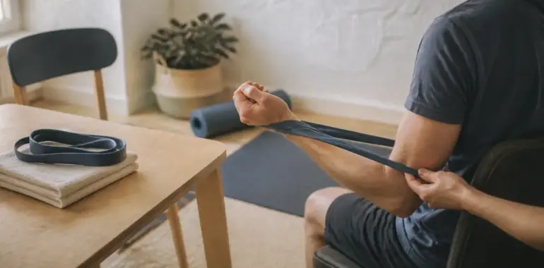 Exercices pour tendinite épaule : rotation externe douce avec élastique près du coude