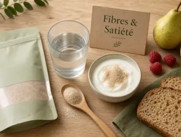 Fibres complément alimentaire : poudre de fibres, verre d’eau et yaourt pour satiété durable