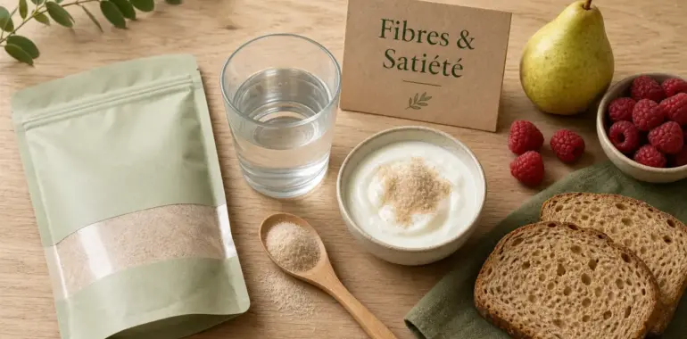 Fibres complément alimentaire : poudre de fibres, verre d’eau et yaourt pour satiété durable