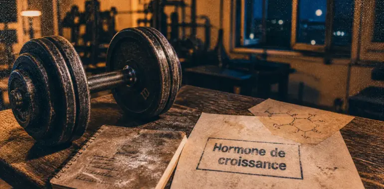 Hormone de croissance pour musculation : haltère et cahier