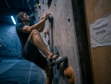 Préparation mentale escalade : grimpeur respire et visualise en salle de bloc