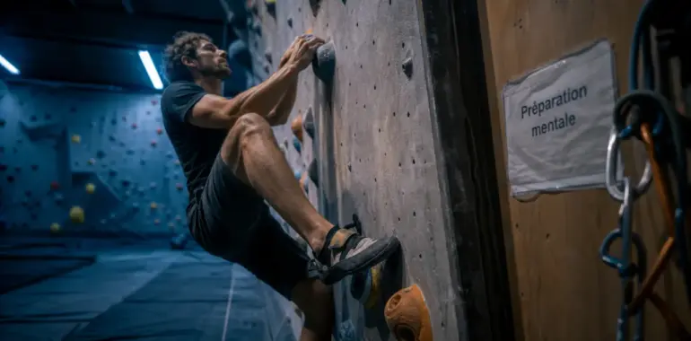 Préparation mentale escalade : grimpeur respire et visualise en salle de bloc