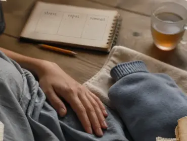 Stress et ventre gonflé : main sur le ventre, bouillotte tiède, digestion dérèglée