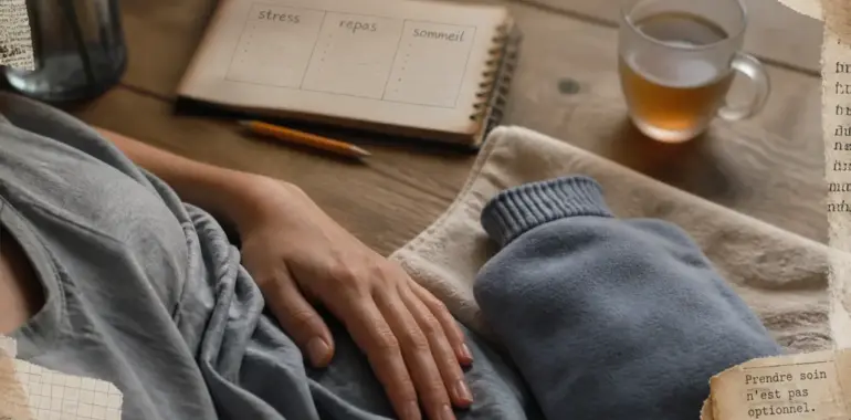 Stress et ventre gonflé : main sur le ventre, bouillotte tiède, digestion dérèglée
