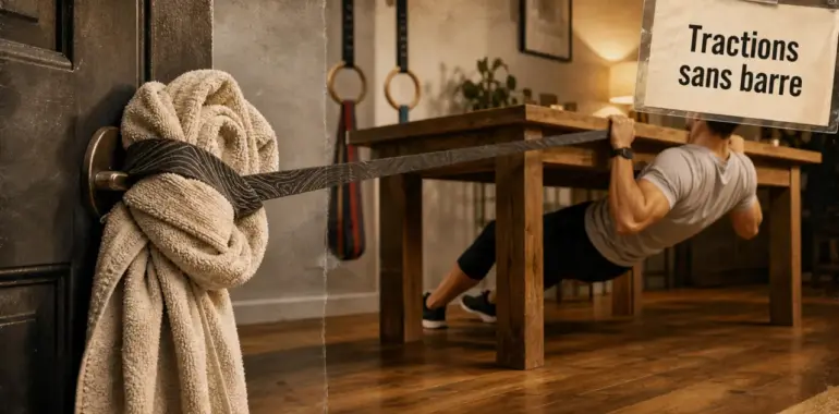 Traction sans barre à la table avec serviette, rowing de dos