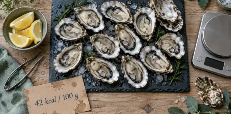 Calories dans les huîtres : 42 kcal/100 g, jusqu’à 150 kcal la douzaine