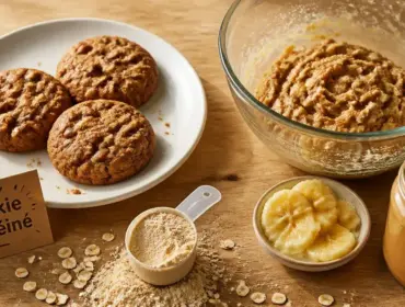 Cookie protéiné maison, flocons d’avoine et pâte protéinée en préparation