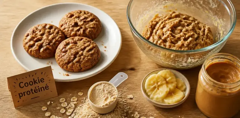 Cookie protéiné maison, flocons d’avoine et pâte protéinée en préparation