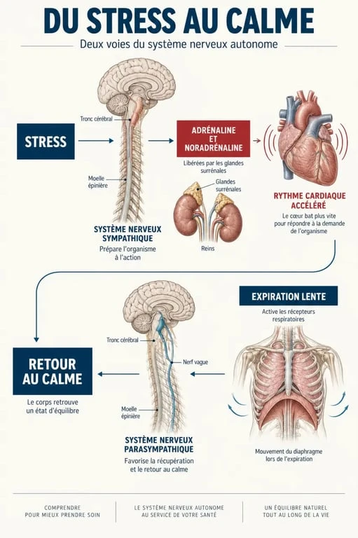 Schéma du mécanisme de la tachycardie du au stress, de l’adrénaline au retour au calme