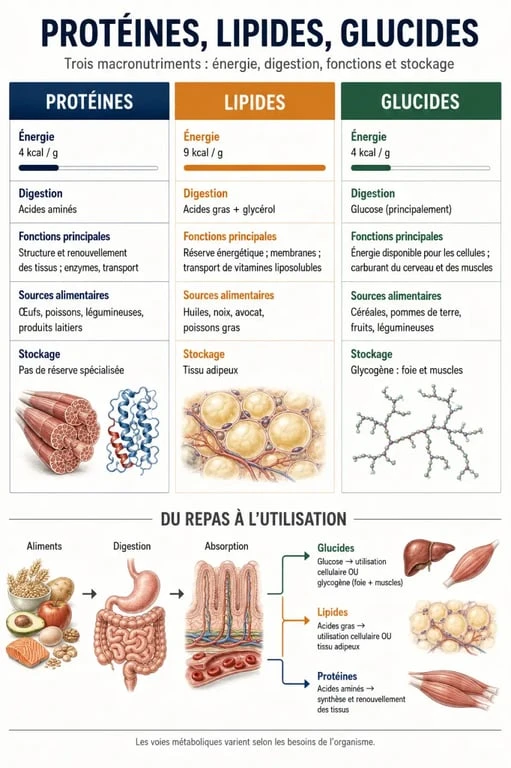 Infographie comparative sur les protéines lipides glucides, leurs rôles, leur énergie et leur stockage