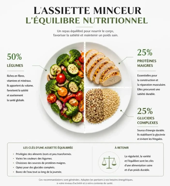 Infographie illustrant la composition idéale d'une assiette pour un menu minceur équilibré