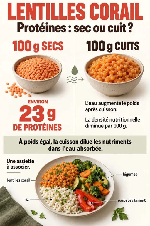 Infographie lentille corail proteine : différence entre poids sec et poids cuit