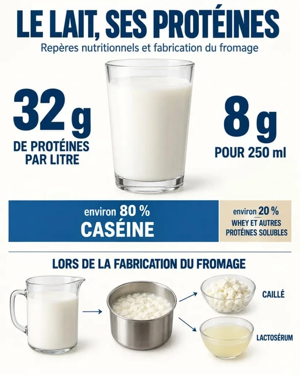 Infographie sur le lait et proteine : 32 g par litre, caséine et whey