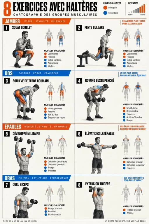 Schéma des exercices avec haltères ciblant les principaux groupes musculaires
