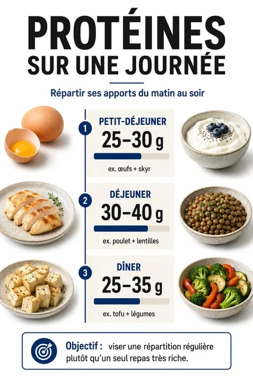 Infographie proteine repas avec repères de 20 à 30 g par repas et exemples du matin au soir