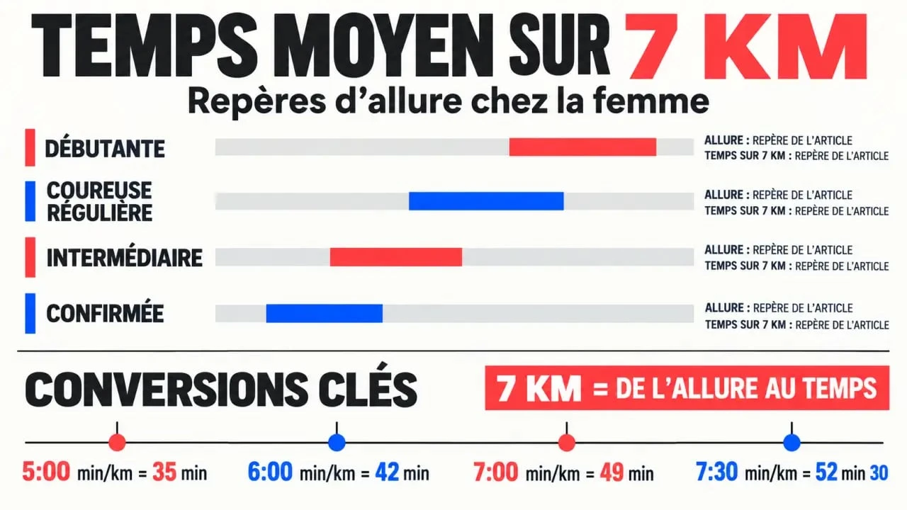 Temps moyen de course 7 km femme selon l'allure et le niveau