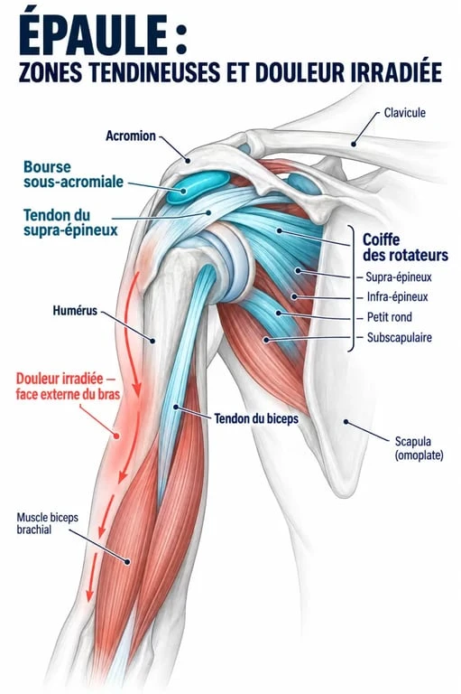 Schéma anatomique d’une tendinite épaule bras et de la coiffe des rotateurs