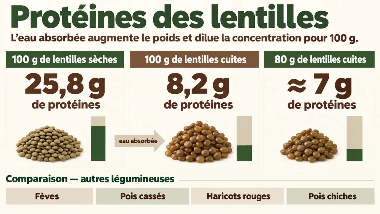 Infographie sur les protéines des lentilles sèches et cuites selon la portion