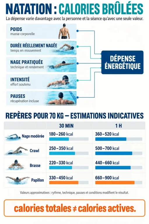Infographie sur les natation calories selon la nage, la durée et l’intensité