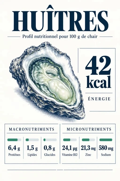Profil nutritionnel des huîtres pour 100 g : calories, protéines, vitamine B12, zinc et sodium