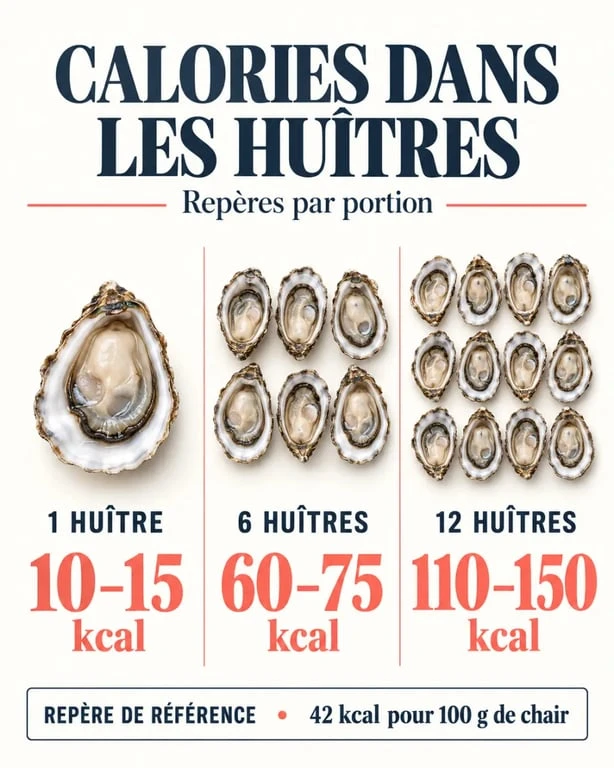 Infographie sur les calories dans les huîtres : 1, 6 et 12 huîtres avec leurs estimations caloriques