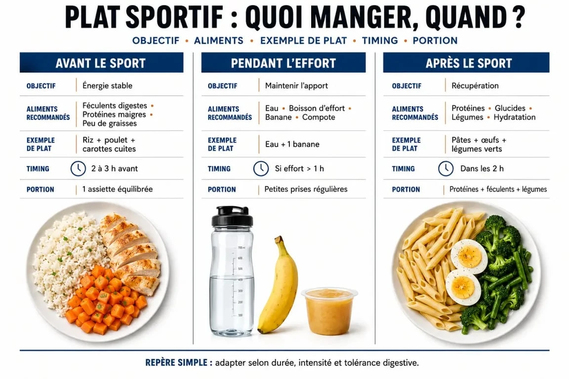 Plat sportif : tableau visuel avant, pendant et après le sport