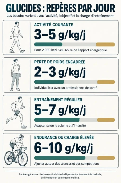 Infographie sur combien de glucides par jour selon le profil et le niveau d’activité