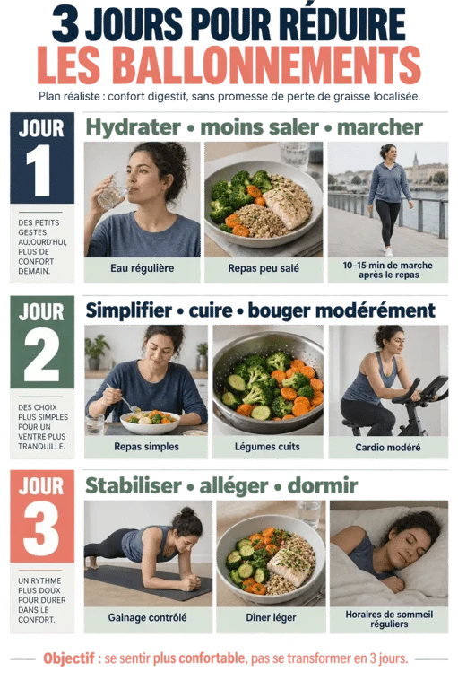 Plan illustré pour savoir comment perdre du ventre en 3 jours avec alimentation simple, marche et gainage