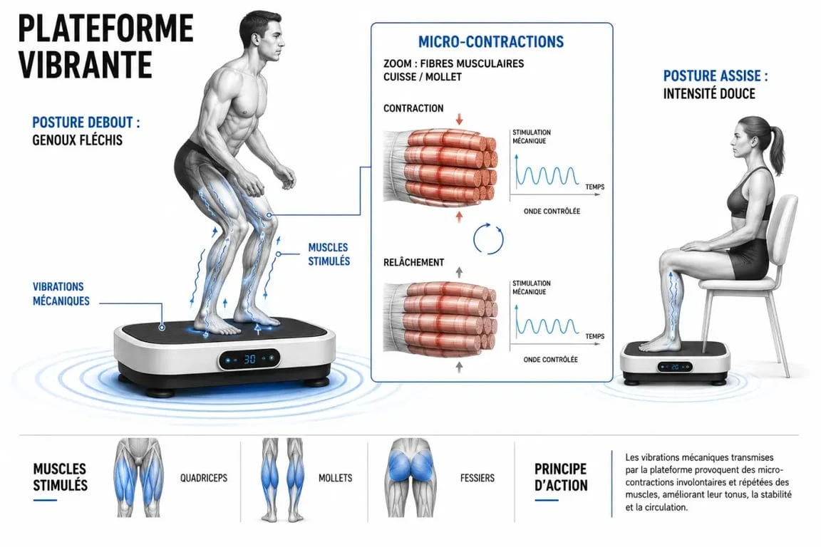 Avis sur plateforme vibrante : schéma du fonctionnement, des micro-contractions et des postures
