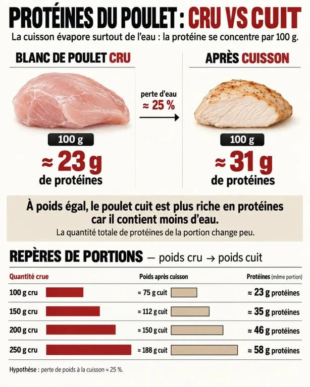 Infographie sur la protéine poulet selon le poids cru et cuit